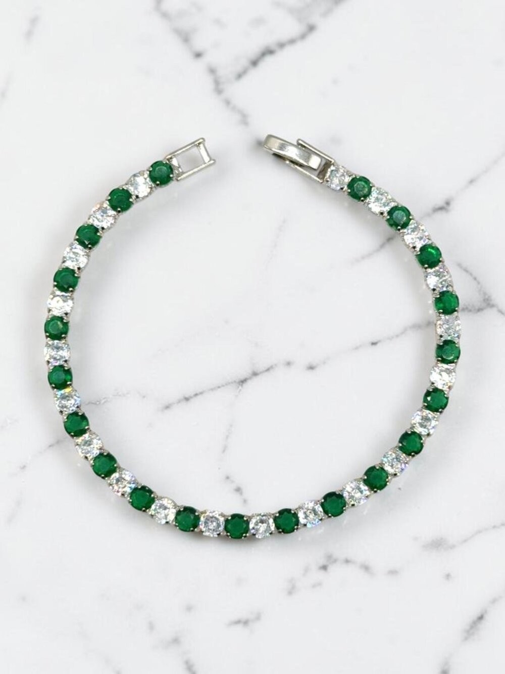 Silver-Tone Green and White CZ Bracelet